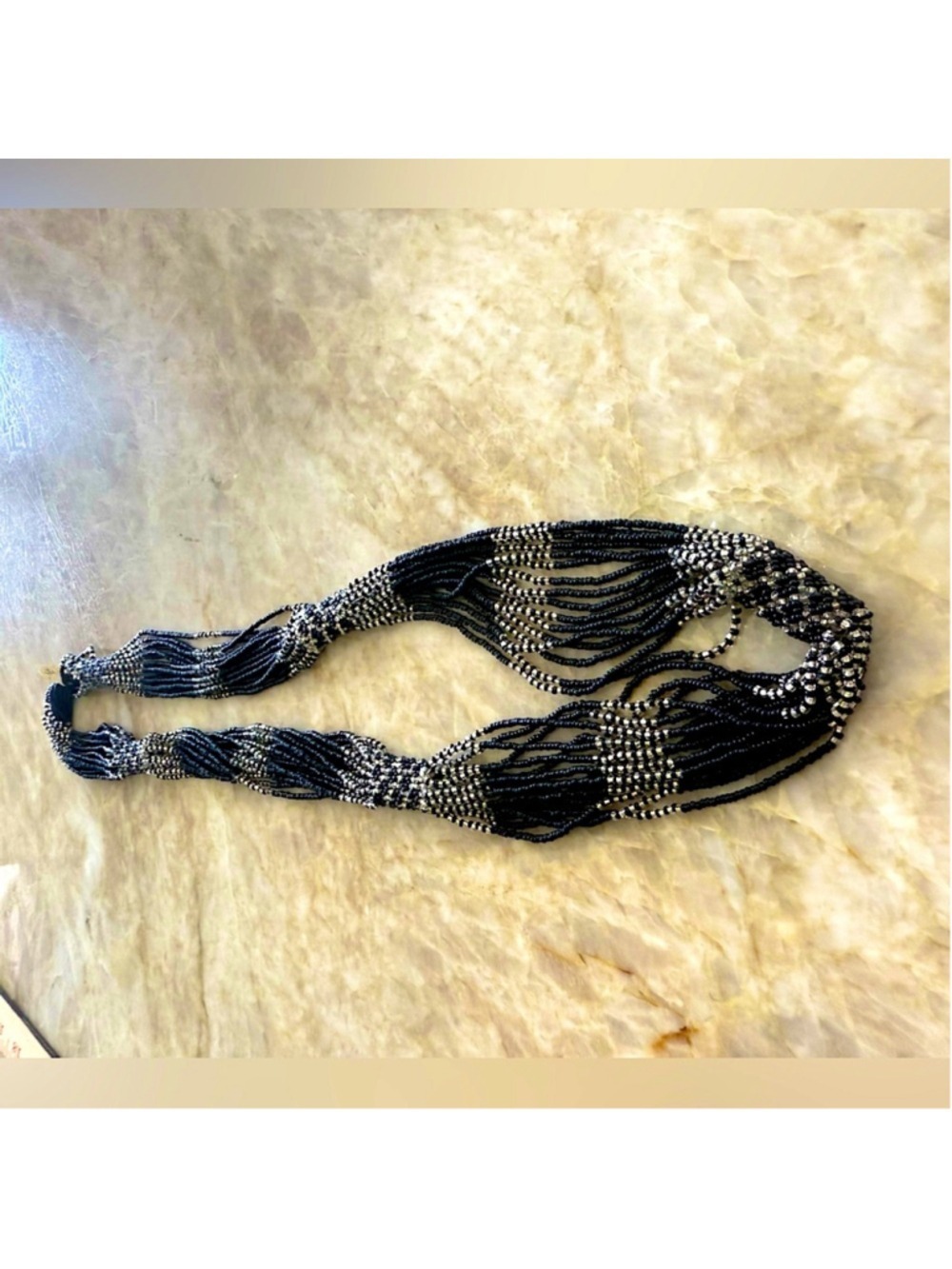 Glass seed beads Black and White Beaded Necklace 32” length 16 strands.